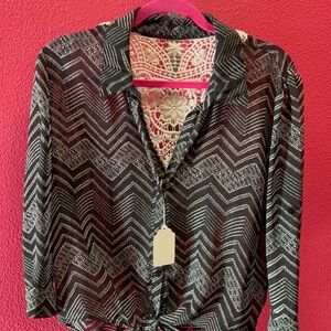 Black Chevron Sheer Button-Front Women's Top with Lace Back Detail